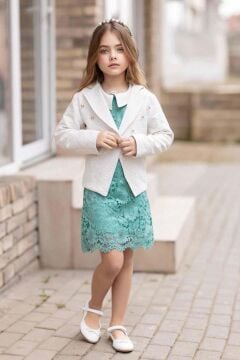 Kız Çocuk Bebe Yaka Üzeri Boydan Dantel İşlemeli Gold Düğme Detaylı Blazer Ceketli Turkuaz Elbise