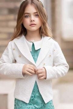 Kız Çocuk Bebe Yaka Üzeri Boydan Dantel İşlemeli Gold Düğme Detaylı Blazer Ceketli Turkuaz Elbise