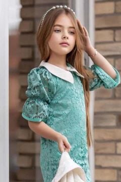 Kız Çocuk Bebe Yaka Üzeri Boydan Dantel İşlemeli Gold Düğme Detaylı Blazer Ceketli Turkuaz Elbise