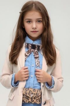 Kız Çocuk Leopar Desenli Fiyonk Detaylı Kot Gömlek Bej Blazer Ceket Etekli Takım