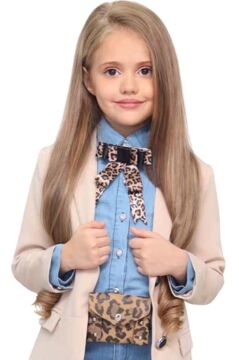 Kız Çocuk Leopar Desenli Fiyonk Detaylı Kot Gömlek Bej Blazer Ceket Etekli Takım