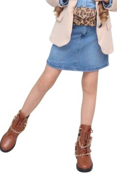 Kız Çocuk Leopar Desenli Fiyonk Detaylı Kot Gömlek Bej Blazer Ceket Etekli Takım