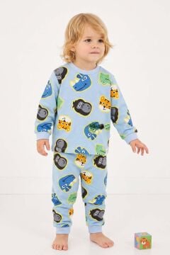 Erkek Bebek Bisiklet Yaka Bilekleri Lastikli Maymun ve Aslan Baskılı Mavi Pijama Takımı