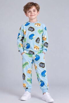 Erkek Bebek Bisiklet Yaka Bilekleri Lastikli Maymun ve Aslan Baskılı Mavi Pijama Takımı