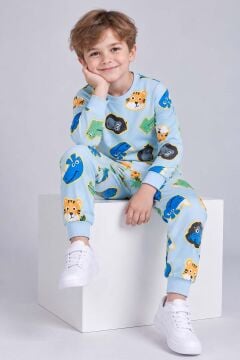 Erkek Bebek Bisiklet Yaka Bilekleri Lastikli Maymun ve Aslan Baskılı Mavi Pijama Takımı