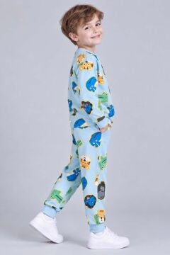 Erkek Bebek Bisiklet Yaka Bilekleri Lastikli Maymun ve Aslan Baskılı Mavi Pijama Takımı