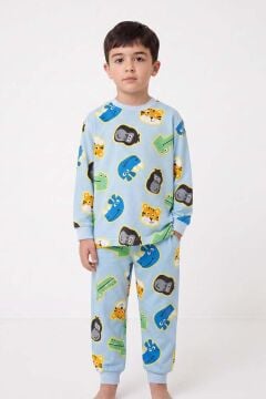 Erkek Bebek Bisiklet Yaka Bilekleri Lastikli Maymun ve Aslan Baskılı Mavi Pijama Takımı