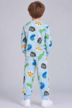 Erkek Bebek Bisiklet Yaka Bilekleri Lastikli Maymun ve Aslan Baskılı Mavi Pijama Takımı
