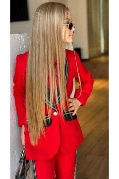 Kız Çocuk Taş İşleme Şal Yaka Blazer Ceket Dantel Detaylı Bluz Şerit Detaylı Kırmızı Alt Üst Takım