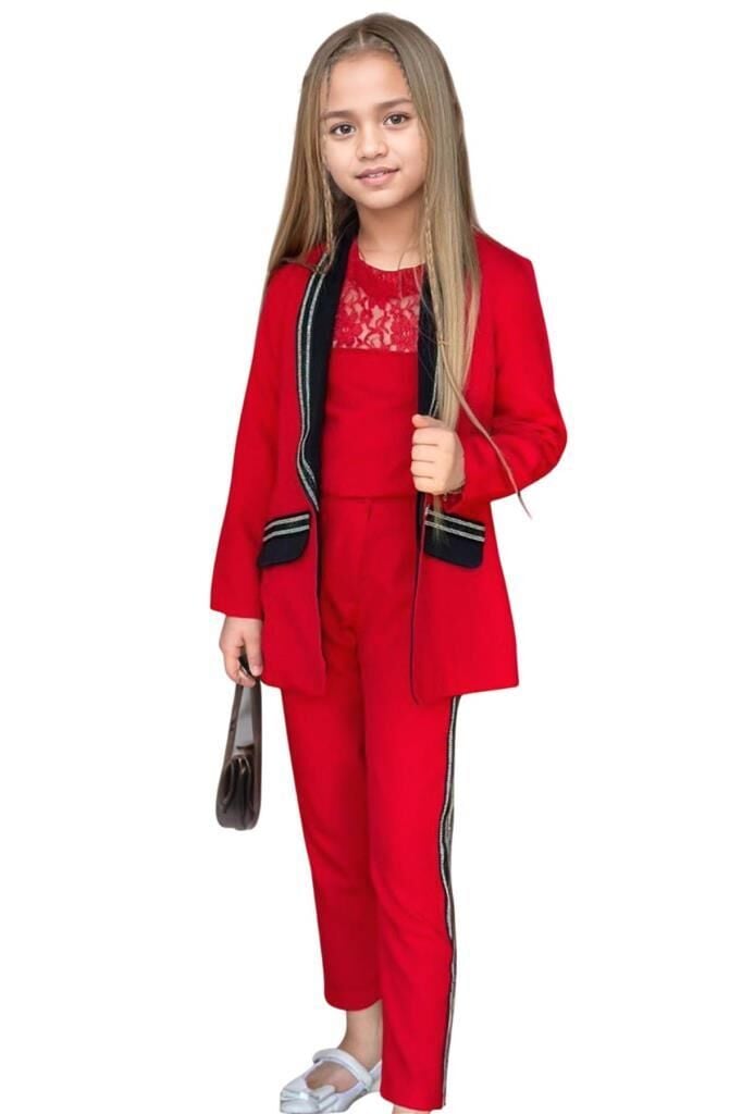 Kız Çocuk Taş İşleme Şal Yaka Blazer Ceket Dantel Detaylı Bluz Şerit Detaylı Kırmızı Alt Üst Takım