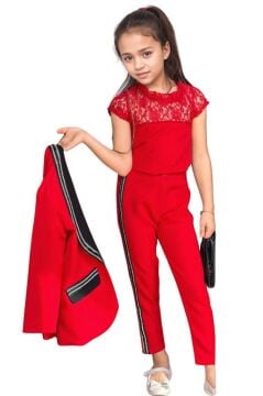Kız Çocuk Taş İşleme Şal Yaka Blazer Ceket Dantel Detaylı Bluz Şerit Detaylı Kırmızı Alt Üst Takım