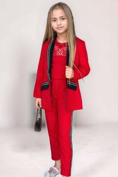 Kız Çocuk Taş İşleme Şal Yaka Blazer Ceket Dantel Detaylı Bluz Şerit Detaylı Kırmızı Alt Üst Takım