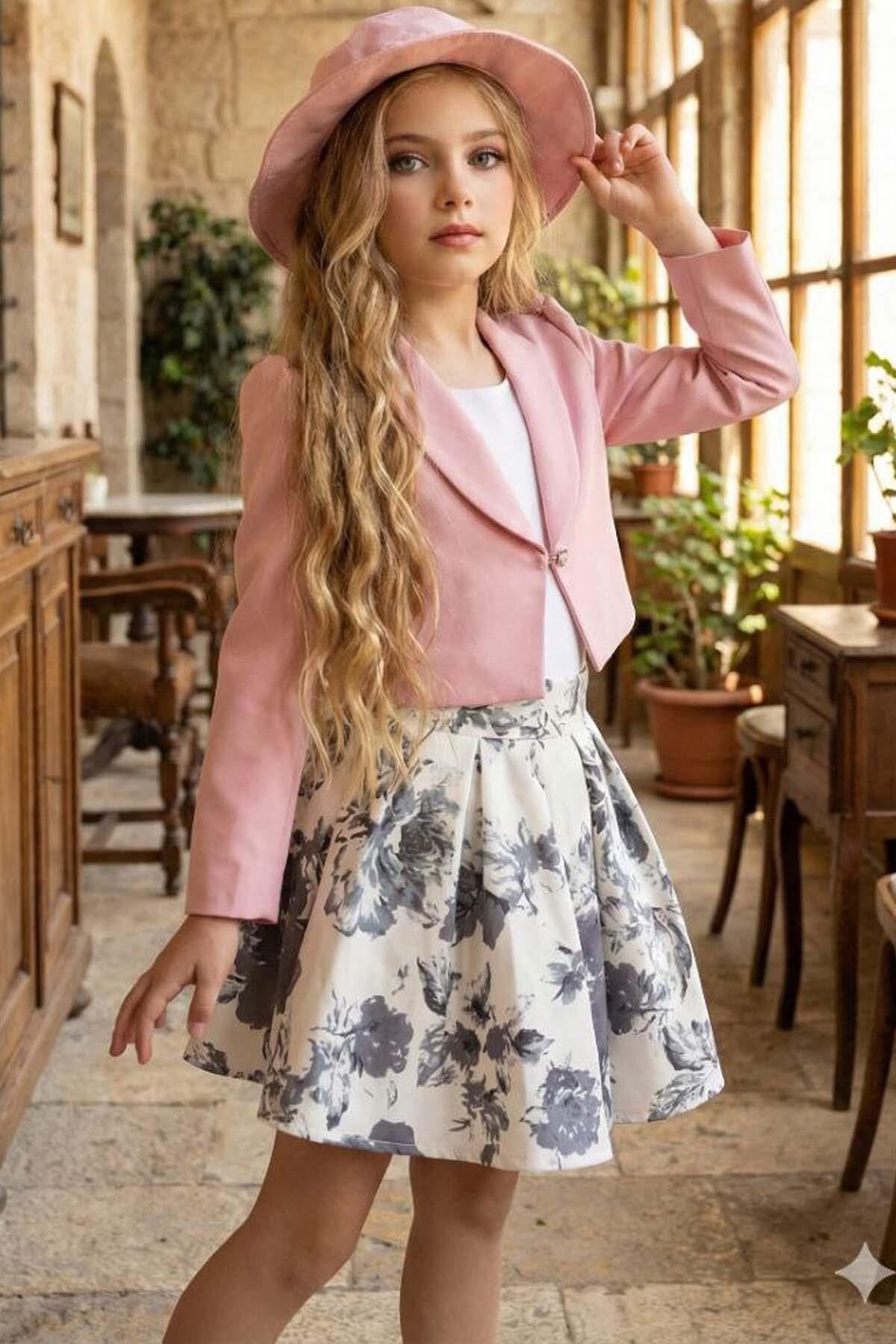 Kız Çocuk Kare Yaka Penye Bluz Yusufçuk Broşlu Pudra Ceket Gül Desenli Kabarık Etekli Takım