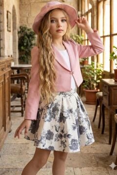 Kız Çocuk Kare Yaka Penye Bluz Yusufçuk Broşlu Pudra Ceket Gül Desenli Kabarık Etekli Takım