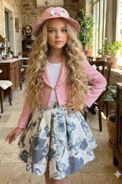 Kız Çocuk Kare Yaka Penye Bluz Yusufçuk Broşlu Pudra Ceket Gül Desenli Kabarık Etekli Takım