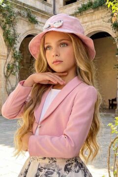 Kız Çocuk Kare Yaka Penye Bluz Yusufçuk Broşlu Pudra Ceket Gül Desenli Kabarık Etekli Takım