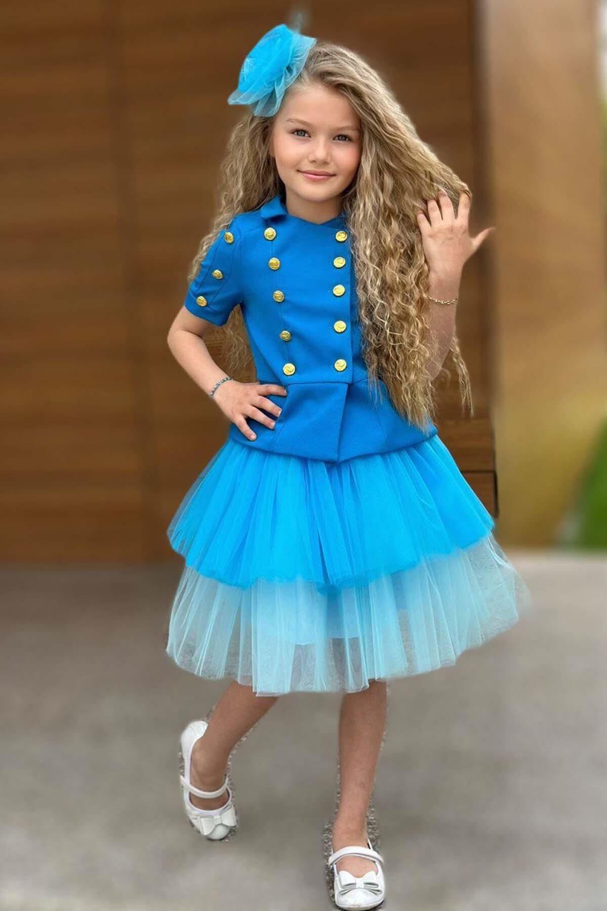 Kız Çocuk Üzeri Gold Düğme Detaylı Gömlek Çift Mavi Renkli Etekli Takım