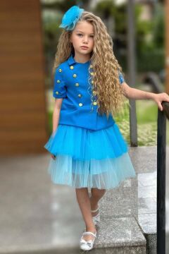 Kız Çocuk Üzeri Gold Düğme Detaylı Gömlek Çift Mavi Renkli Etekli Takım