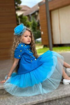 Kız Çocuk Üzeri Gold Düğme Detaylı Gömlek Çift Mavi Renkli Etekli Takım