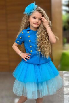 Kız Çocuk Üzeri Gold Düğme Detaylı Gömlek Çift Mavi Renkli Etekli Takım