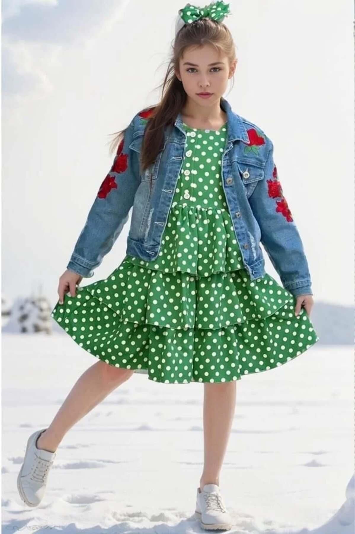 Kız Çocuk Gül İşlemeli Jean Ceket Boydan Puantiye Baskılı Piliseli Yeşil Elbise