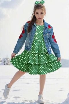 Kız Çocuk Gül İşlemeli Jean Ceket Boydan Puantiye Baskılı Piliseli Yeşil Elbise