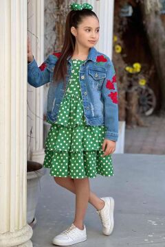 Kız Çocuk Gül İşlemeli Jean Ceket Boydan Puantiye Baskılı Piliseli Yeşil Elbise