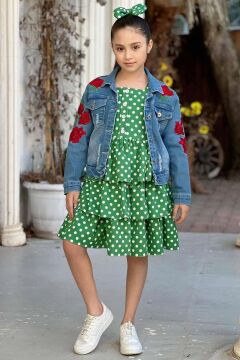 Kız Çocuk Gül İşlemeli Jean Ceket Boydan Puantiye Baskılı Piliseli Yeşil Elbise