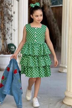 Kız Çocuk Gül İşlemeli Jean Ceket Boydan Puantiye Baskılı Piliseli Yeşil Elbise