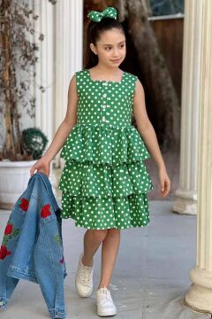 Kız Çocuk Gül İşlemeli Jean Ceket Boydan Puantiye Baskılı Piliseli Yeşil Elbise