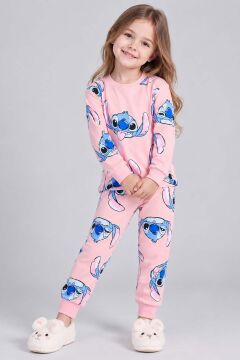 Kız Çocuk Bisiklet Yaka Bilekleri Stitch Baskılı Pembe Pijama Takımı