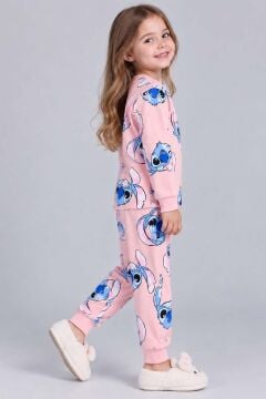 Kız Çocuk Bisiklet Yaka Bilekleri Stitch Baskılı Pembe Pijama Takımı