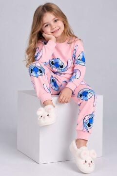 Kız Çocuk Bisiklet Yaka Bilekleri Stitch Baskılı Pembe Pijama Takımı