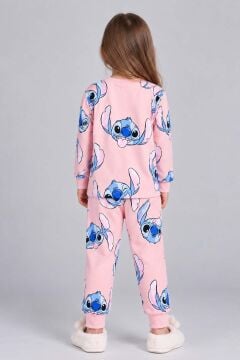 Kız Çocuk Bisiklet Yaka Bilekleri Stitch Baskılı Pembe Pijama Takımı