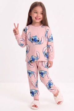 Kız Çocuk Bisiklet Yaka Bilekleri Stitch Baskılı Pembe Pijama Takımı