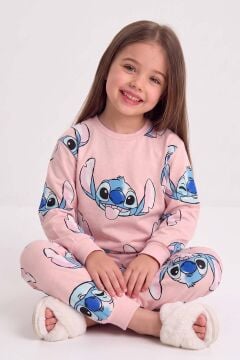 Kız Çocuk Bisiklet Yaka Bilekleri Stitch Baskılı Pembe Pijama Takımı
