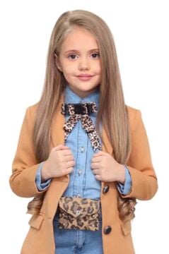 Kız Çocuk Leopar Desenli Fiyonk Detaylı Kot Gömlek Kahverengi Blazer Ceket Etekli Takım