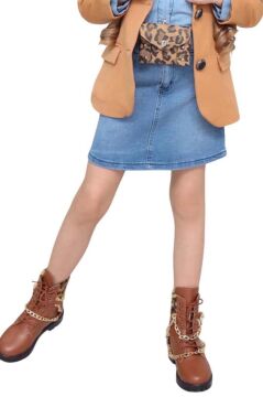 Kız Çocuk Leopar Desenli Fiyonk Detaylı Kot Gömlek Kahverengi Blazer Ceket Etekli Takım