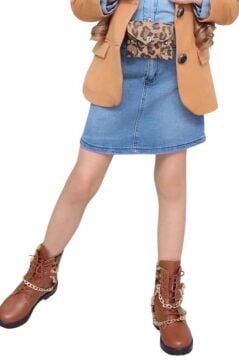 Kız Çocuk Leopar Desenli Fiyonk Detaylı Kot Gömlek Kahverengi Blazer Ceket Etekli Takım