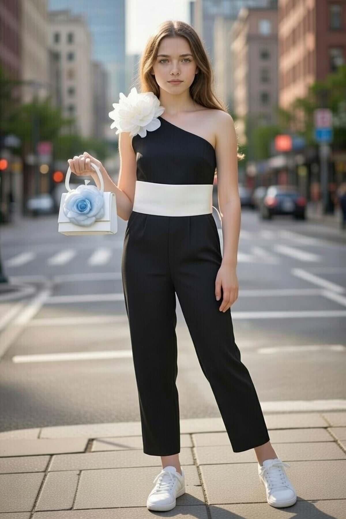 Kız Çocuk Beli Şerit ve Omuzunda Broş Detaylı Tek Omuz Siyah Tulum