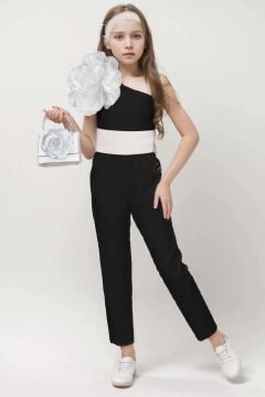 Kız Çocuk Beli Şerit ve Omuzunda Broş Detaylı Tek Omuz Siyah Tulum