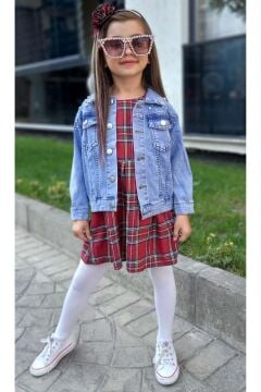 Kız Çocuk Omuzlar İnci Boncuk İşlemeli Mavi Kot Ceket Bisiklet Yaka Ekose Çizgili Sıfır Kol Elbise