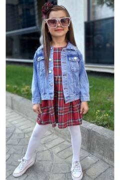 Kız Çocuk Omuzlar İnci Boncuk İşlemeli Mavi Kot Ceket Bisiklet Yaka Ekose Çizgili Sıfır Kol Elbise