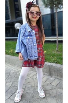 Kız Çocuk Omuzlar İnci Boncuk İşlemeli Mavi Kot Ceket Bisiklet Yaka Ekose Çizgili Sıfır Kol Elbise