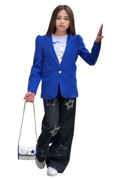 Kız Çocuk Baskılı T-shirt Bol Kesim Yıldız Detaylı Jean Pantolon Mavi Blazer Ceket Alt Üst Takım