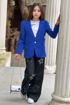 Kız Çocuk Baskılı T-shirt Bol Kesim Yıldız Detaylı Jean Pantolon Mavi Blazer Ceket Alt Üst Takım