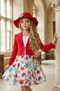 Kız Çocuk Kare Yaka Penye Bluz Kelebek Broşlu Kırmızı Ceket Gül Desenli Kabarık Etekli Takım
