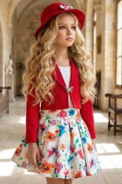 Kız Çocuk Kare Yaka Penye Bluz Kelebek Broşlu Kırmızı Ceket Gül Desenli Kabarık Etekli Takım