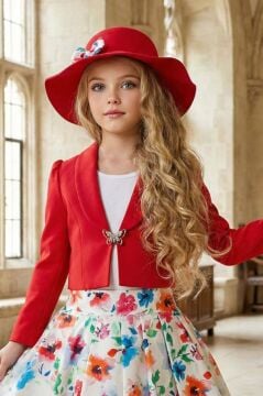 Kız Çocuk Kare Yaka Penye Bluz Kelebek Broşlu Kırmızı Ceket Gül Desenli Kabarık Etekli Takım