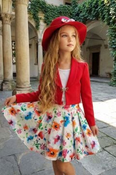 Kız Çocuk Kare Yaka Penye Bluz Kelebek Broşlu Kırmızı Ceket Gül Desenli Kabarık Etekli Takım